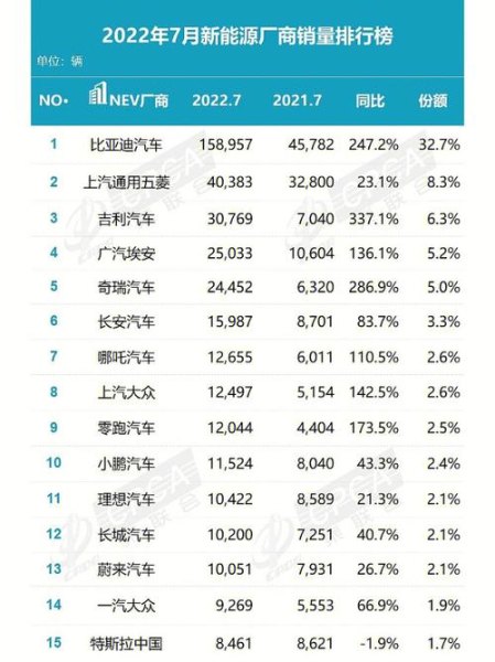2022新能源汽车销量排名？