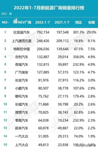 新能源车排名前十名？