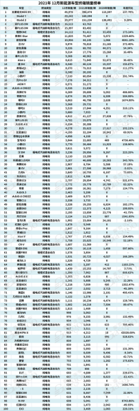 12月纯电动汽车销量排名？