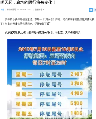 今天廊坊限行尾号是几？