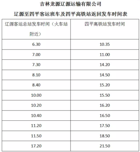 最新四平到辽源长途汽车价格及时间？