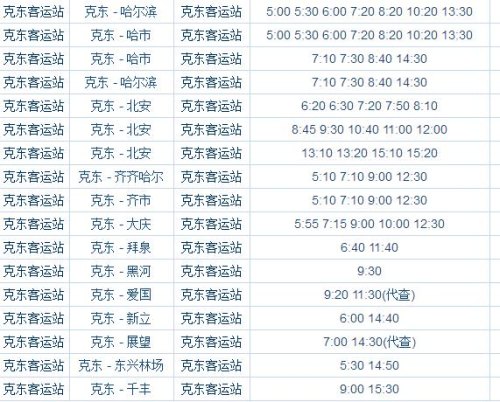 克东到哈尔滨的客车时刻表查询
