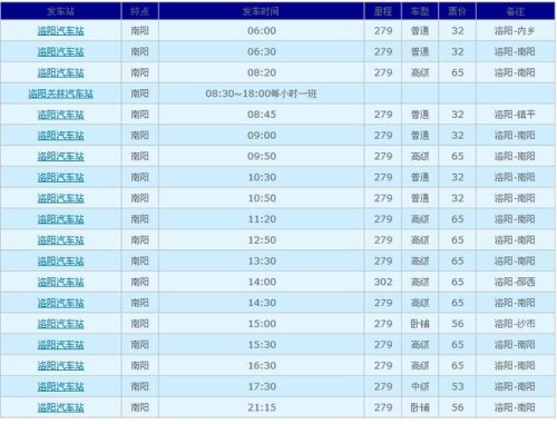 洛阳长途客车时刻表查询