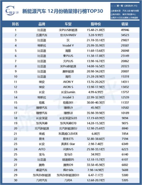 12月新能源汽车品牌销量排名？