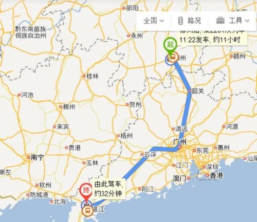 云南曲靖至广东湛江怎坐火车？