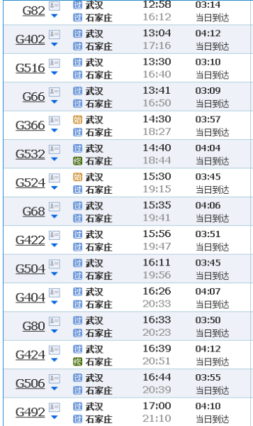 石家庄到武汉高铁一天几趟车？