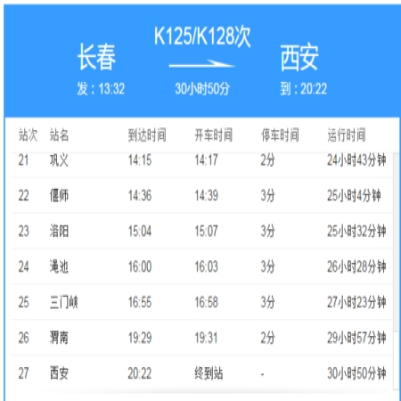 西安到长春途经哪些车站？
