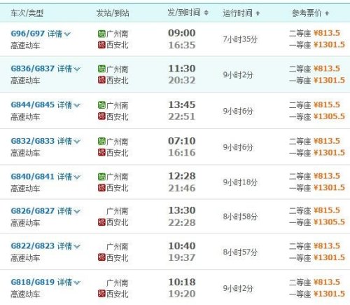 广州到西安高铁时刻表