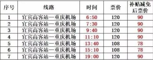 宜宾高铁站到机场大巴时间表
