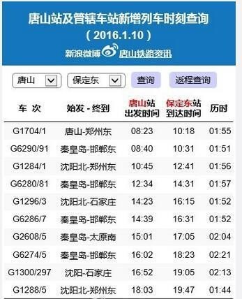保定到唐山的高铁列车时刻表